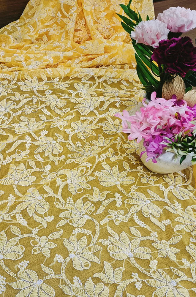 Yellow Hand Embroidered Chikankari Georgette Dupatta - Luxurion World