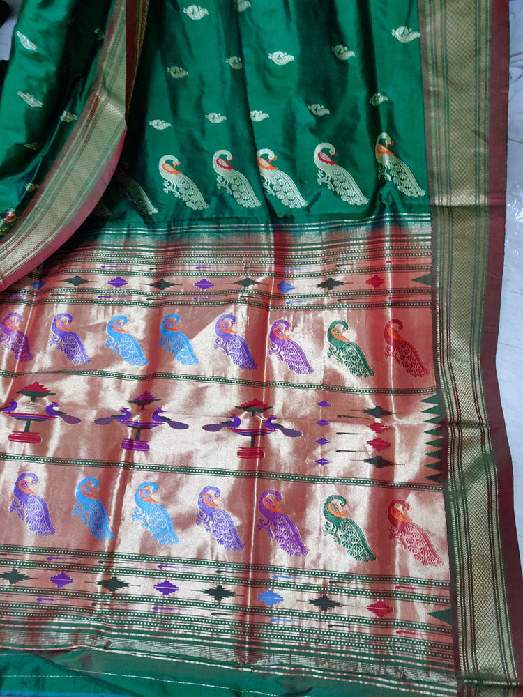 Green Handloom Paithani Pure Silk Peacock Design Pallu Saree - Luxurion World