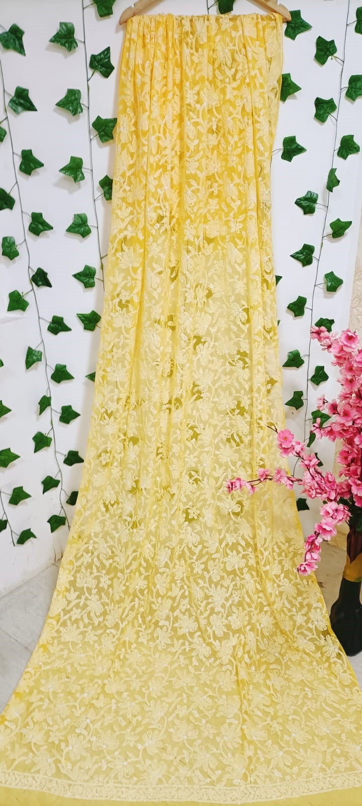Yellow Hand Embroidered Chikankari Georgette Dupatta - Luxurion World