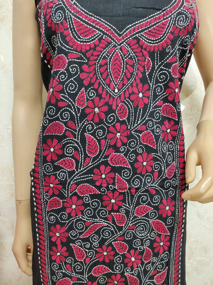 Black Hand Embroidered Kantha Cotton Unstitched Kurti - Luxurion World