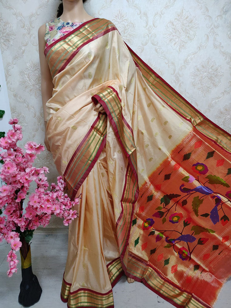 Cream Handloom Paithani Pure Silk Peacock Design Pallu Saree - Luxurion World