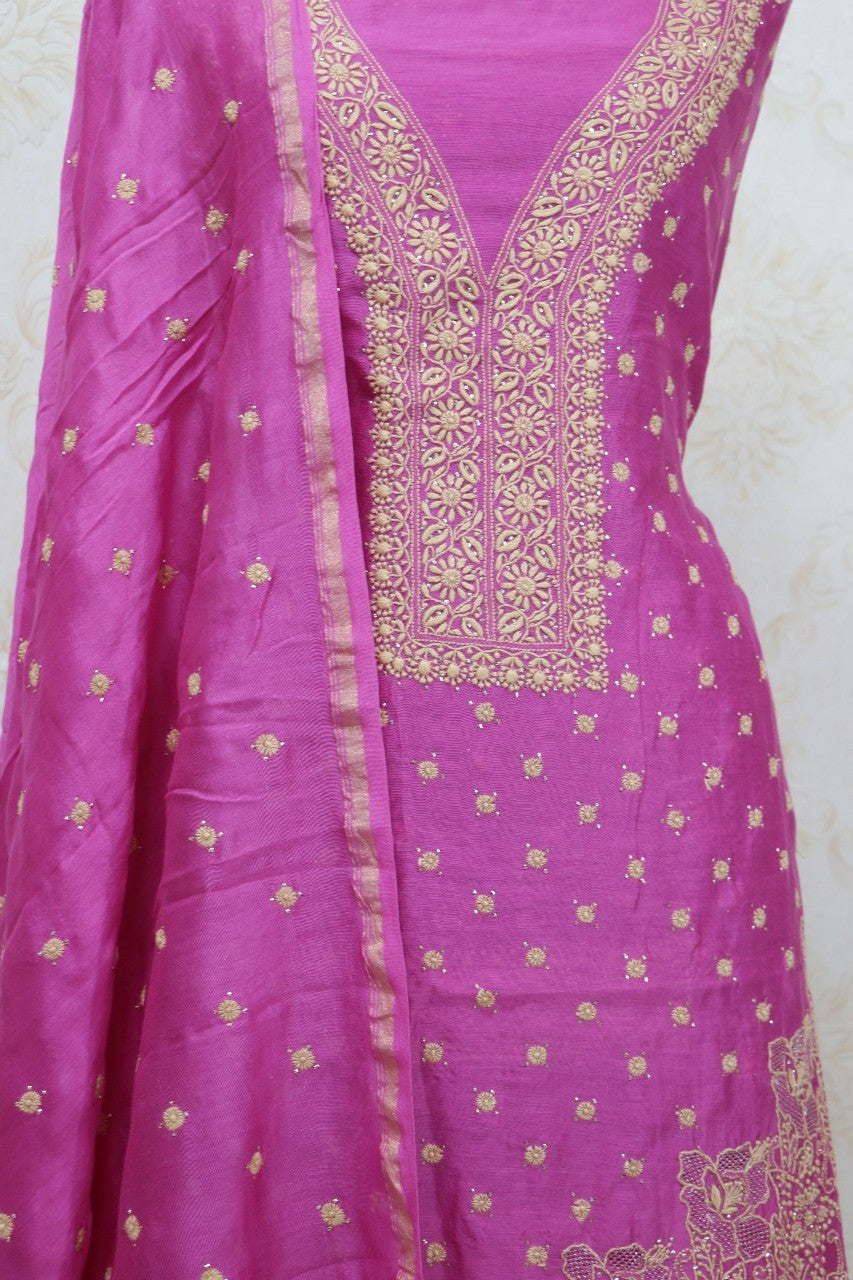 Pink Embroidered Chikankari Chanderi Silk Two Piece Unstitched Suit Set - Luxurion World