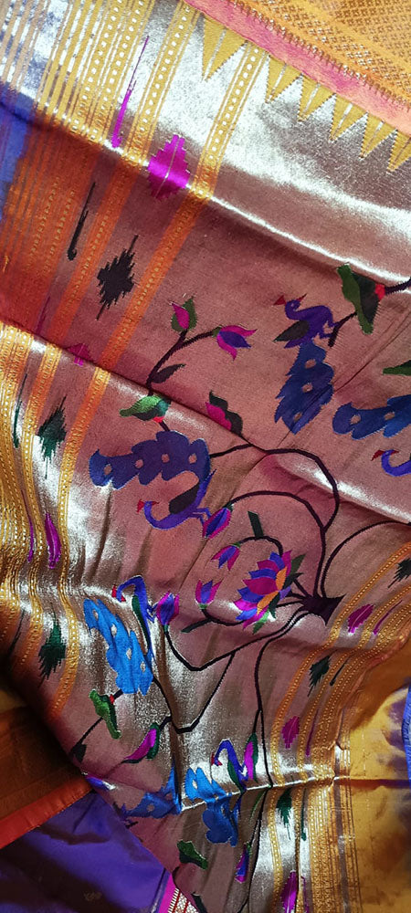 Yellow And Purple Shot Handloom Paithani Pure Silk Peacock Design Pallu Saree - Luxurion World