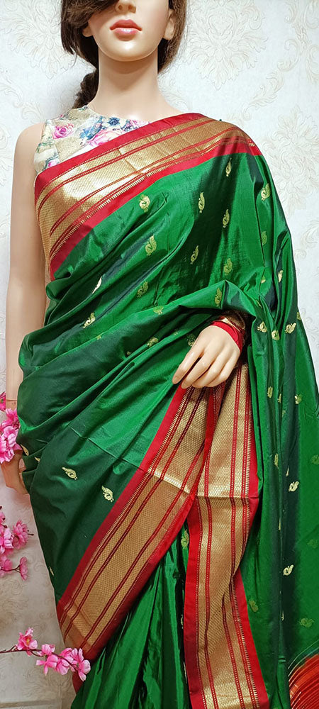 Green Handloom Paithani Pure Silk Peacock Design Pallu Saree - Luxurion World