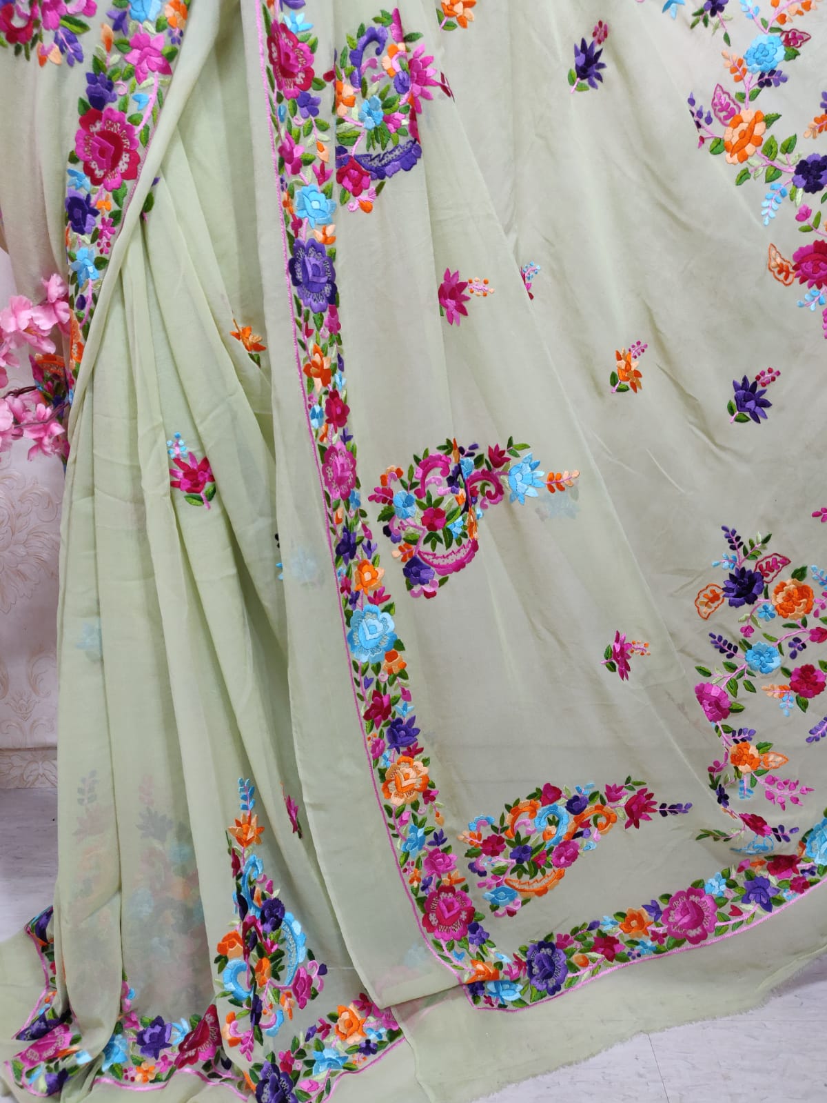 Green Hand Embroidered Parsi Gara Pure Georgette Saree - Luxurion World