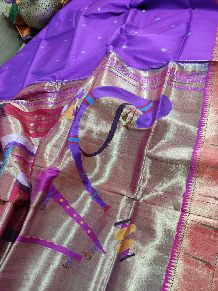 Purple Handloom Paithani Pure Silk Instrument Design Pallu Saree - Luxurion World