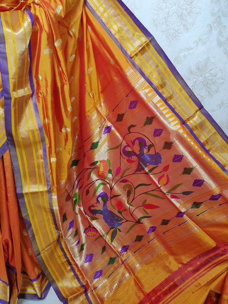 Orange Handloom Paithani Pure Silk Peacock Design Pallu Saree - Luxurion World