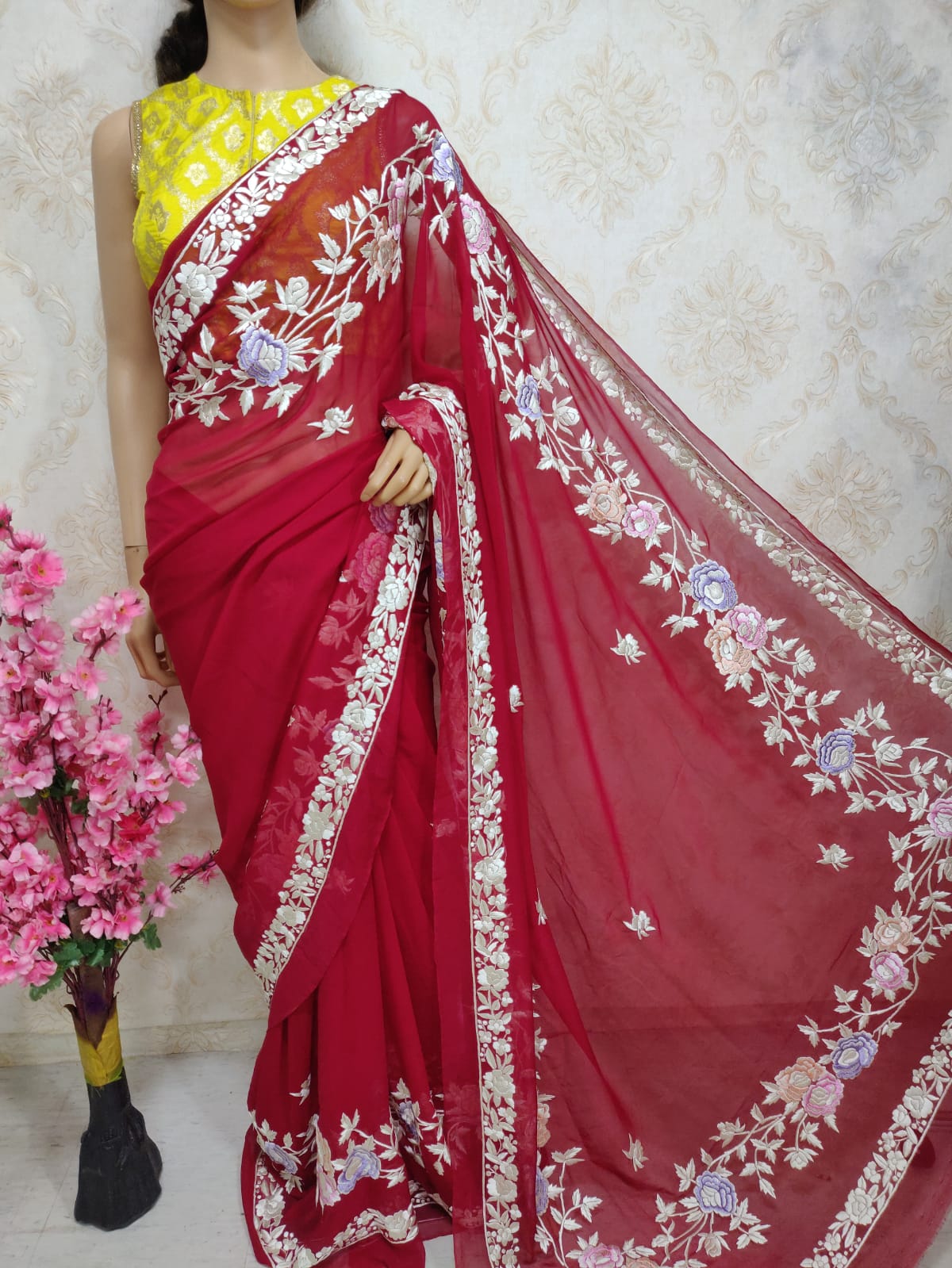 Red Hand Embroidered Parsi Gara Pure Georgette Saree - Luxurion World