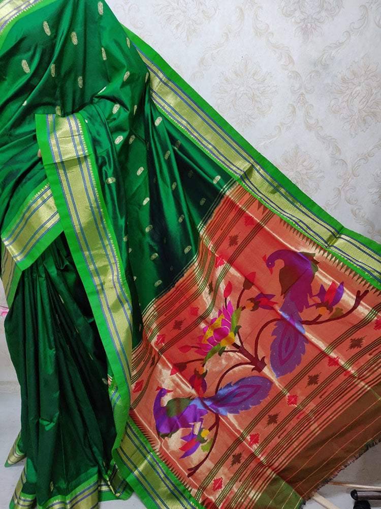 Green Handloom Paithani Pure Silk Peacock Design Pallu Saree - Luxurion World