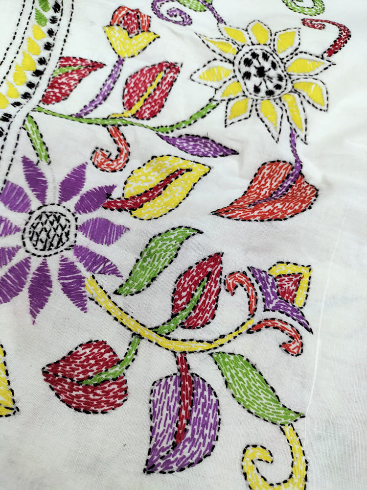 Off White Hand Embroidered Kantha Cotton Unstitched Kurti - Luxurion World
