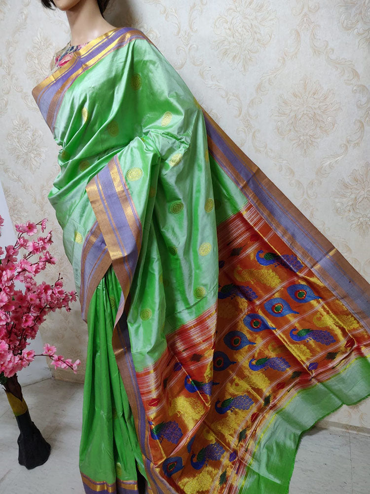 Green Handloom Paithani Pure Silk Saree - Luxurion World