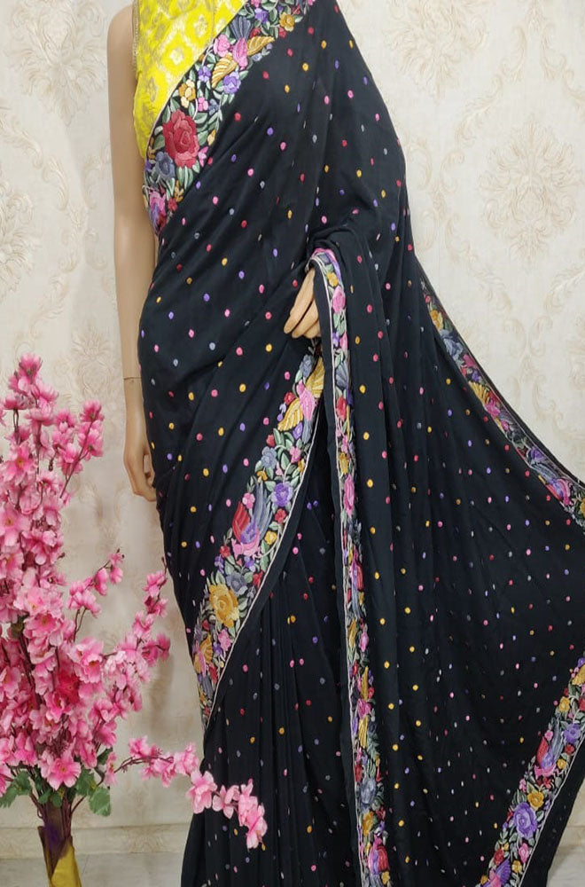 Black Hand Embroidered Parsi Gara Pure Crepe Saree - Luxurion World