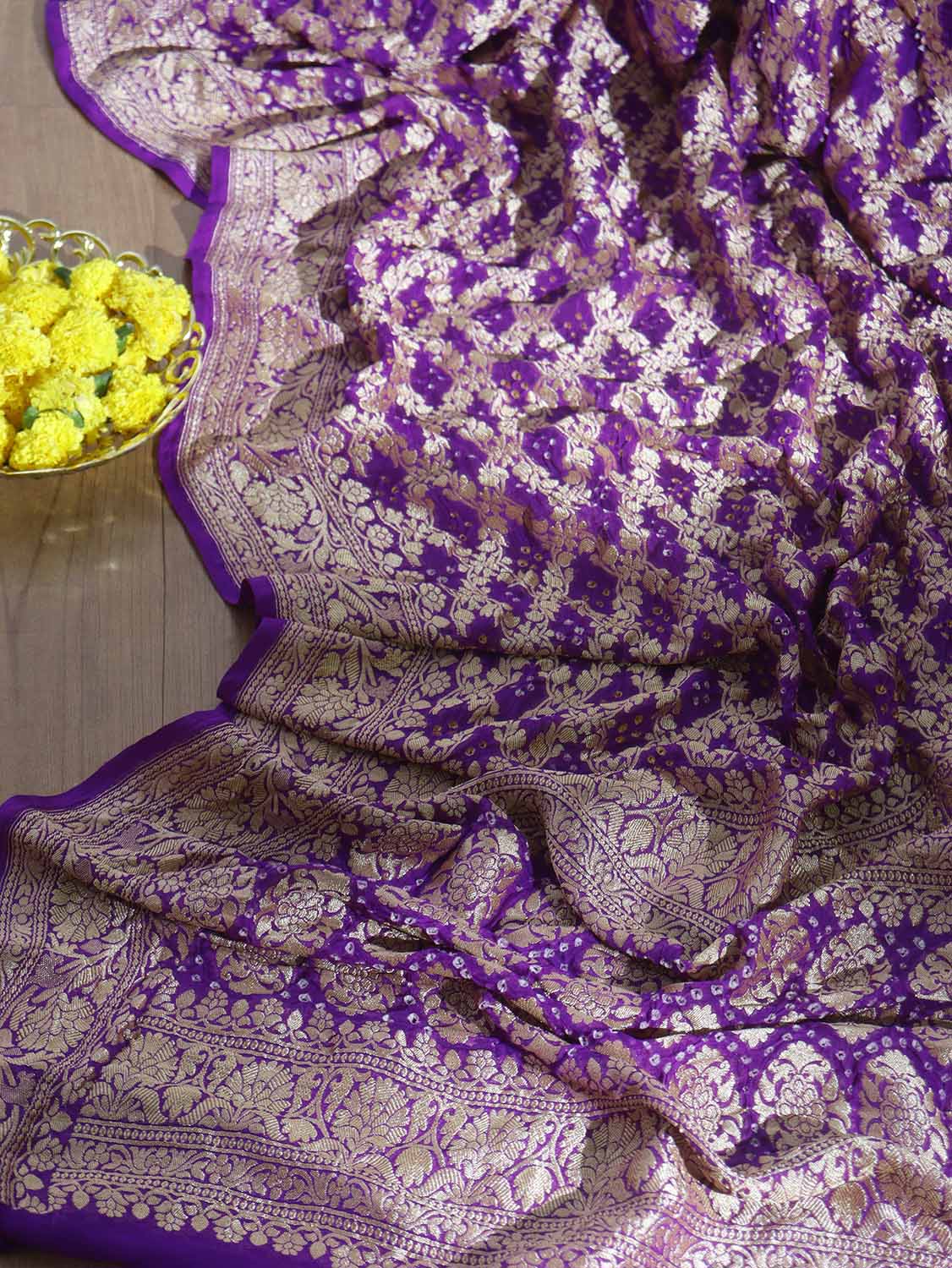 Purple Banarasi Bandhani Pure Georgette Dupatta - Luxurion World
