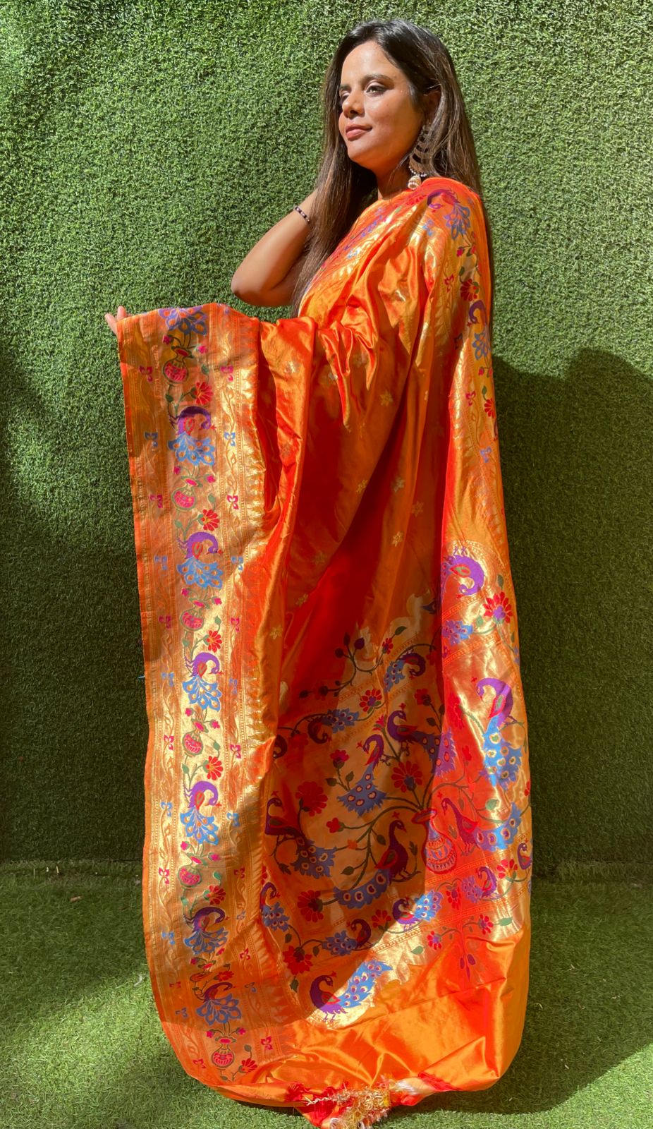 Orange Shot Handloom Banarasi Pure Katan Silk Paithani Border Design Saree - Luxurion World
