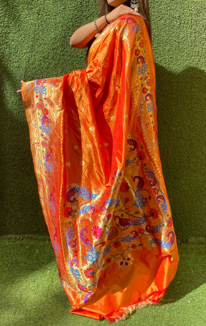 Orange Shot Handloom Banarasi Pure Katan Silk Paithani Border Design Saree - Luxurion World
