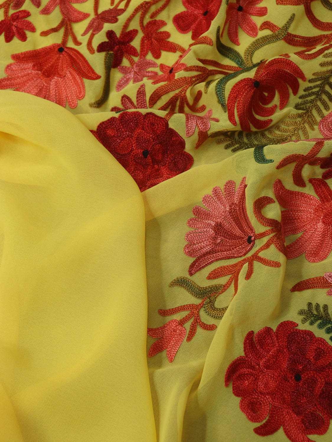Yellow Embroidered Kashmiri Aari Work Georgette Saree - Luxurion World
