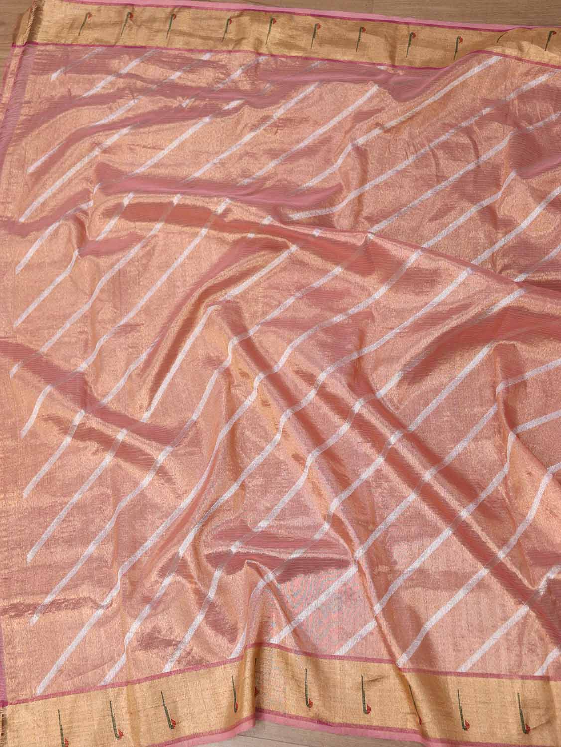 Pink Handloom Tissue Kota Doria Real Zari Flower Design Saree - Luxurion World