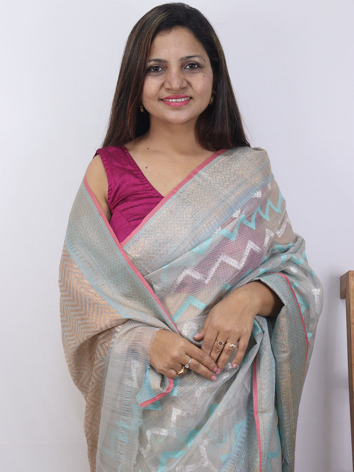 Blue Handloom Kota Doria Real Zari Saree - Luxurion World