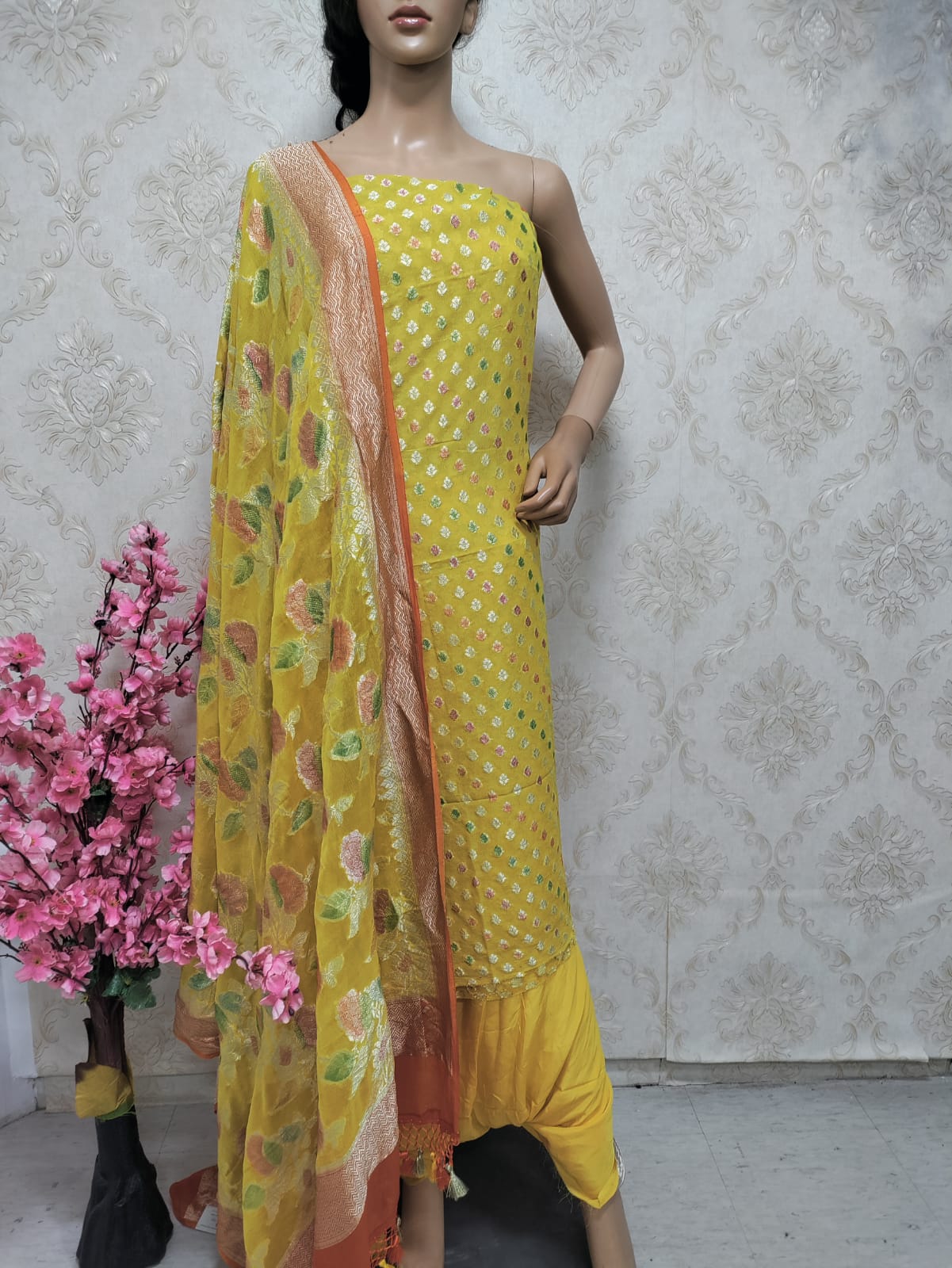 Yellow Handloom Banarasi Pure Georgette Georgette Brush Dye Unstitched Suit Set - Luxurion World