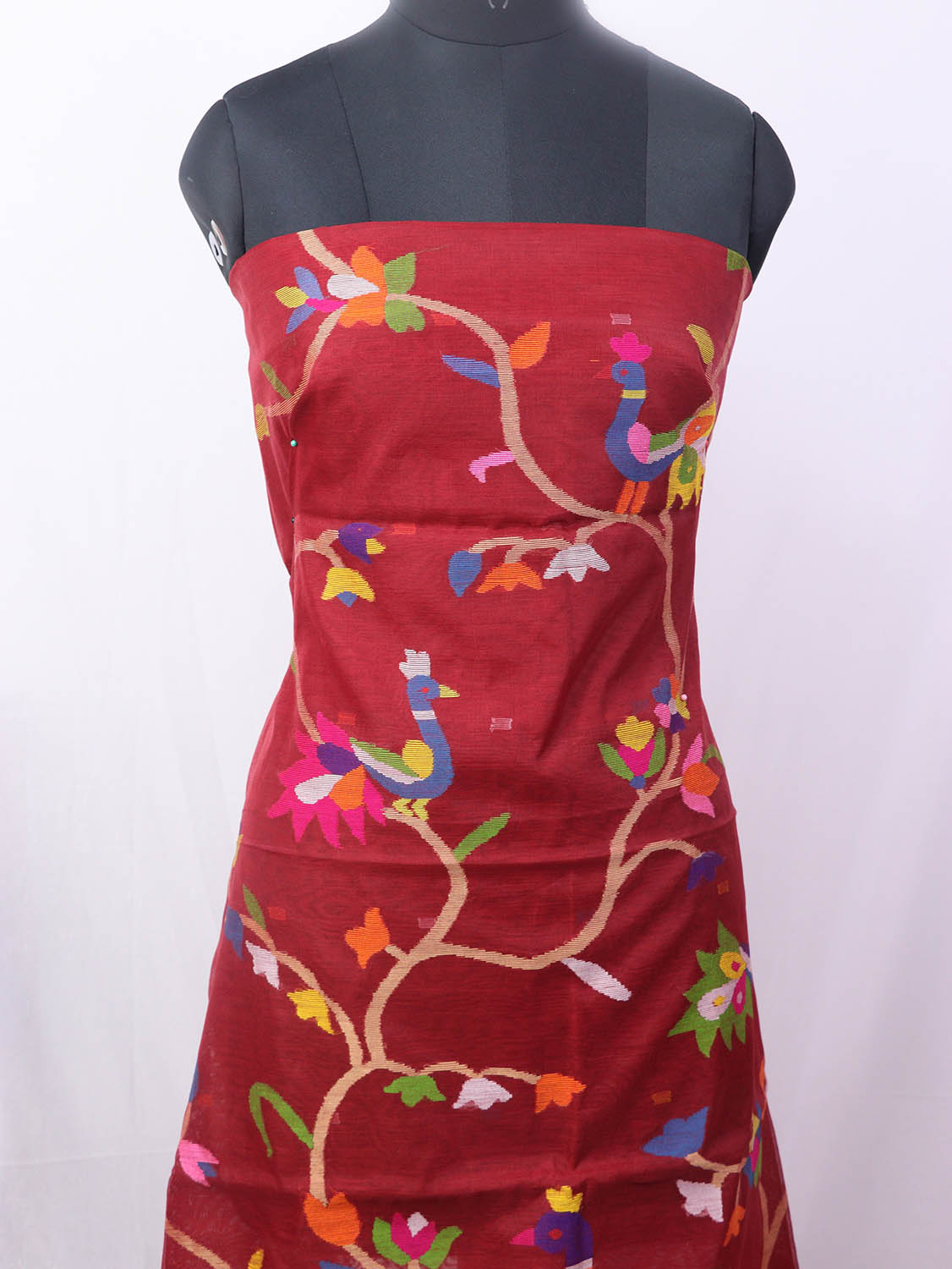 Red Jamdani Handloom Chanderi Silk Two Piece Unstitched Suit Set - Luxurion World