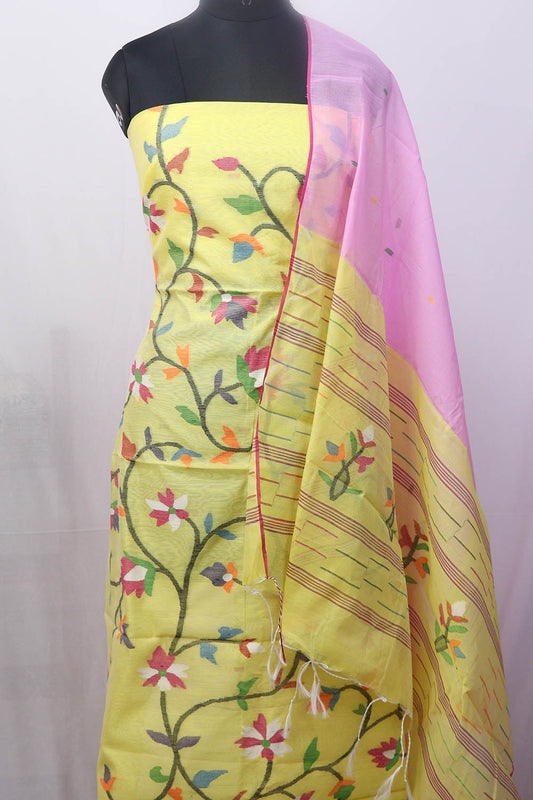 Yellow Jamdani Handloom Chanderi Silk Two Piece Unstitched Suit Set - Luxurion World