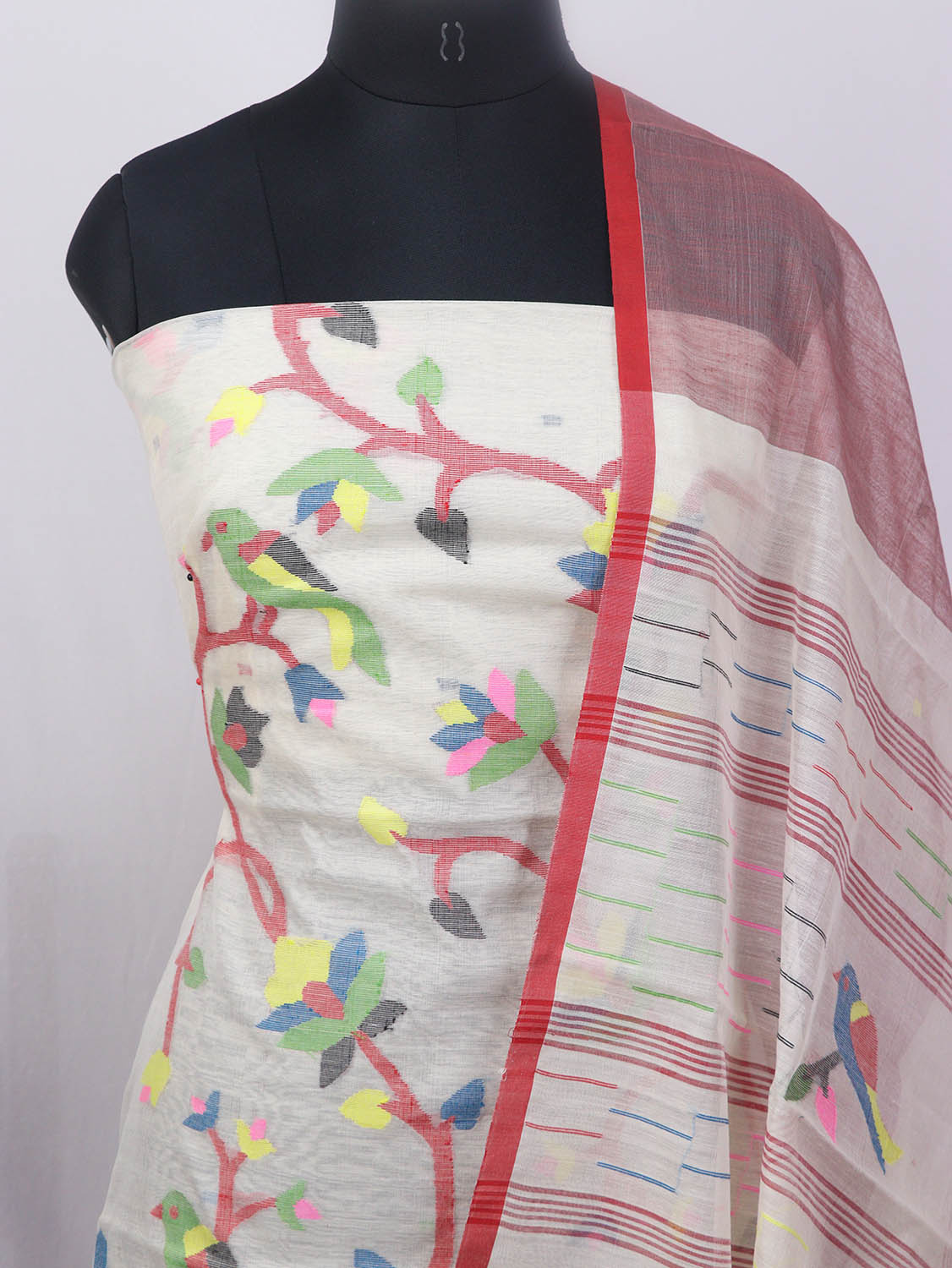 White Jamdani Handloom Chanderi Silk Two Piece Unstitched Suit Set - Luxurion World