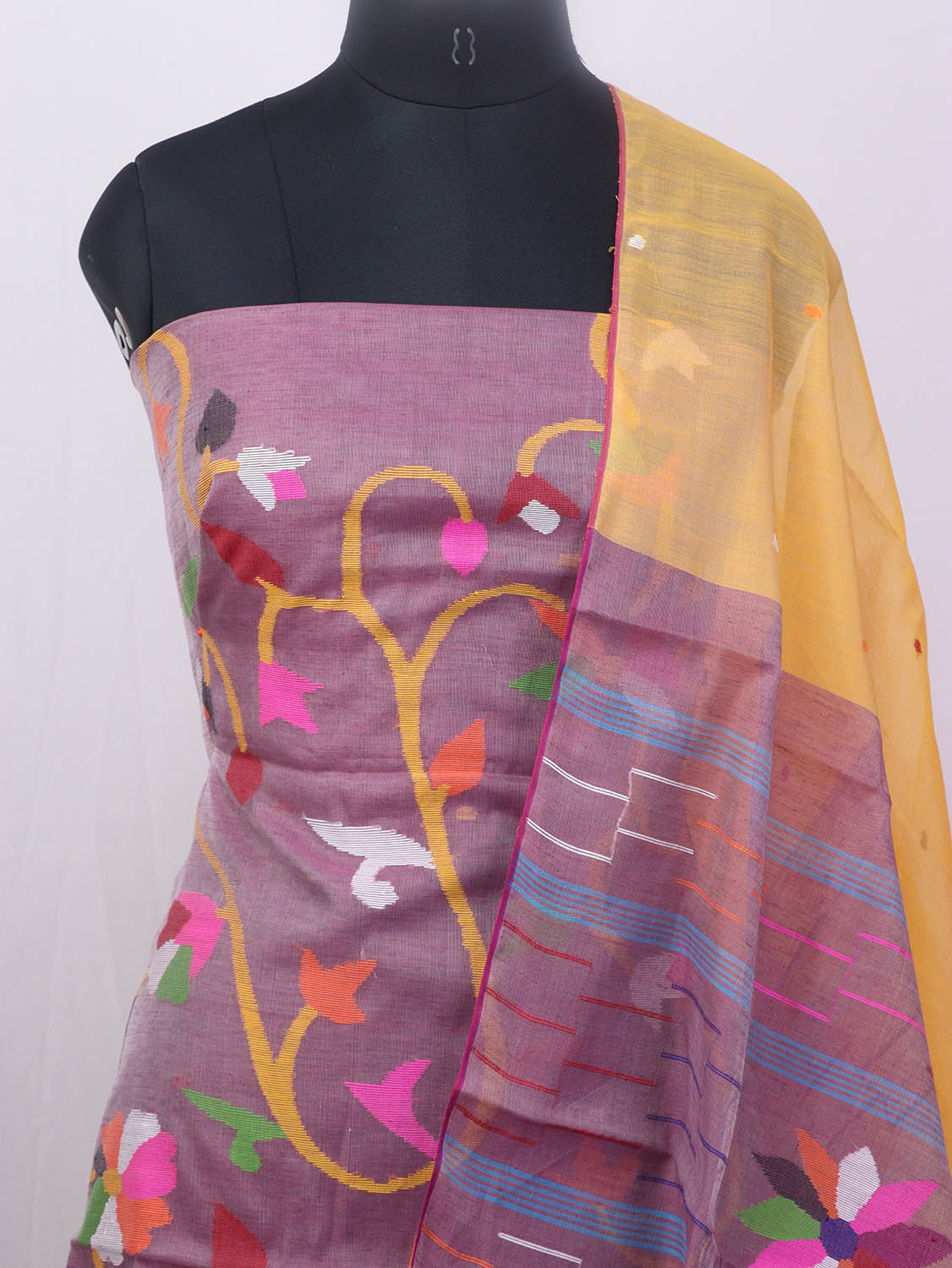 Purple Jamdani Handloom Chanderi Silk Two Piece Unstitched Suit Set - Luxurion World