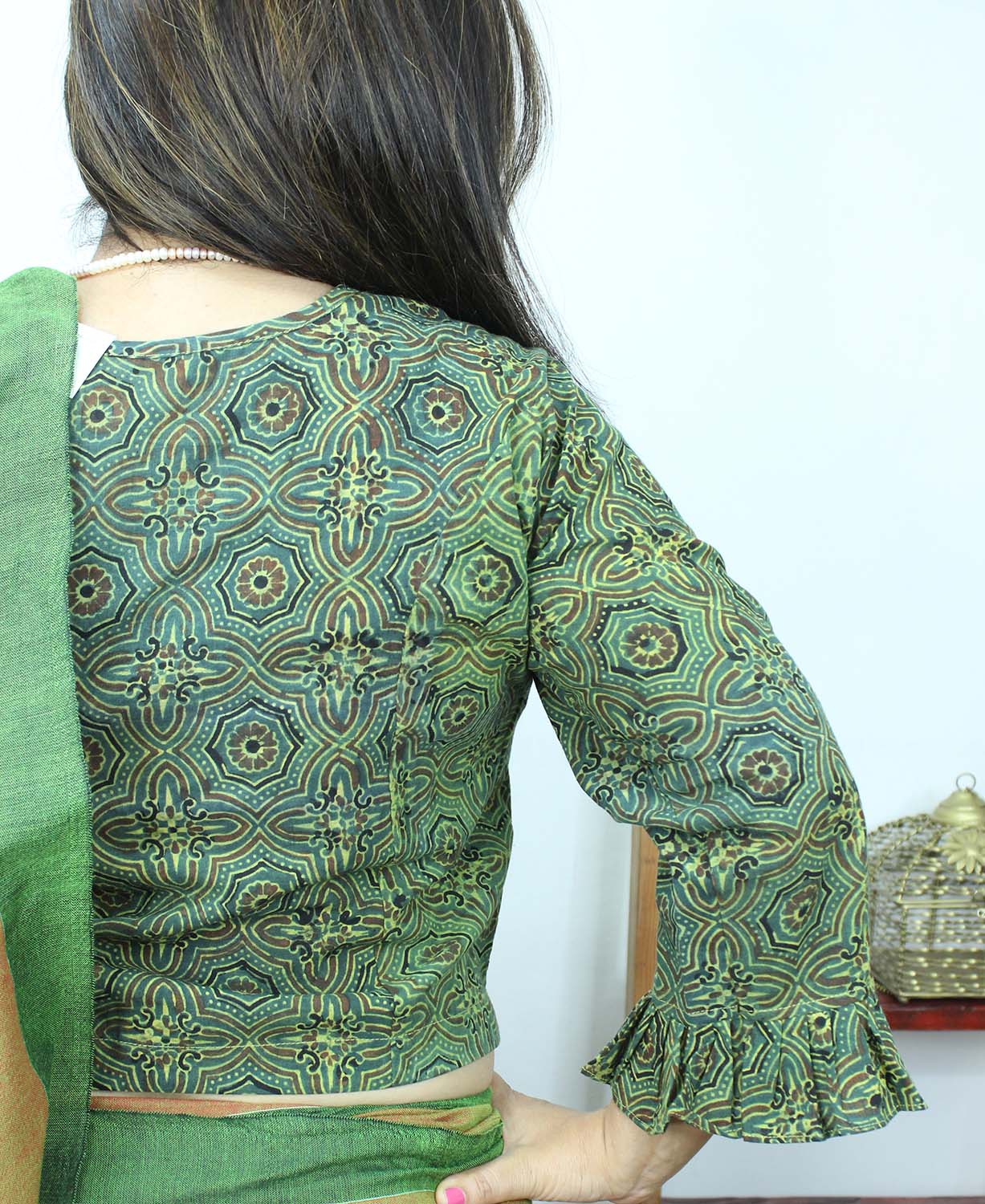 Green Ajrakh Block Printed Cotton Crop Top Stitched Blouse - Luxurion World