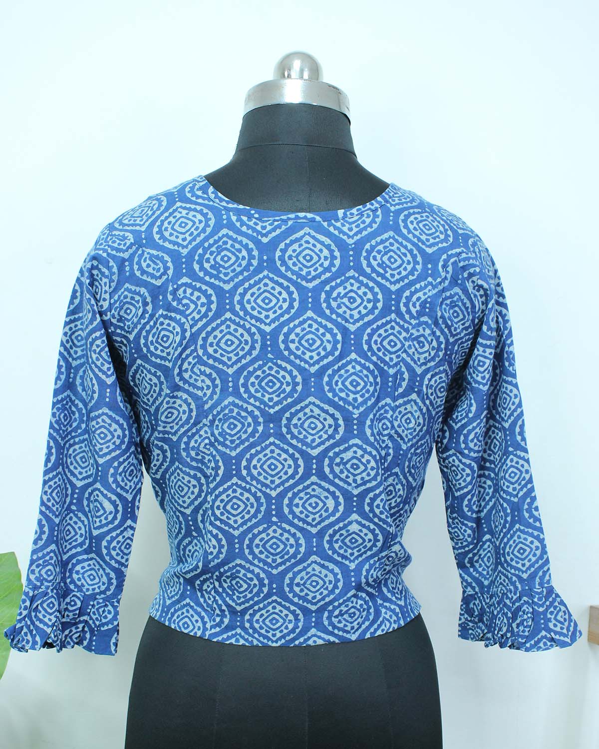 Blue Ajrakh Block Printed Cotton Crop Top Stitched Blouse - Luxurion World