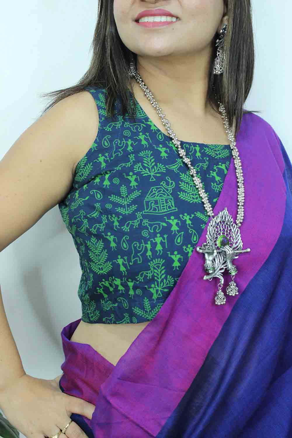 Blue Ajrakh Block Printed Cotton Sleeveless Stitched Blouse - Luxurion World