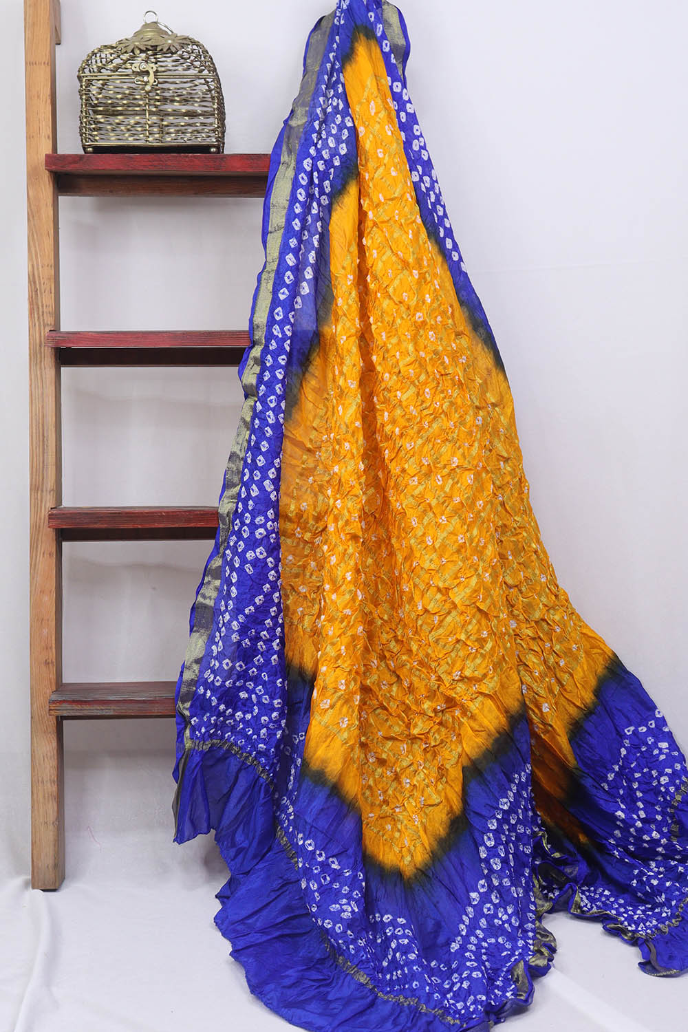 Stylish Blue and Yellow Checks Bandhani Silk Dupatta for Ethnic Look - Luxurion World