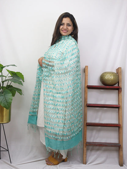 Green And Blue Block Printed Batik Bhagalpur Net Stripe Design Dupatta - Luxurion World