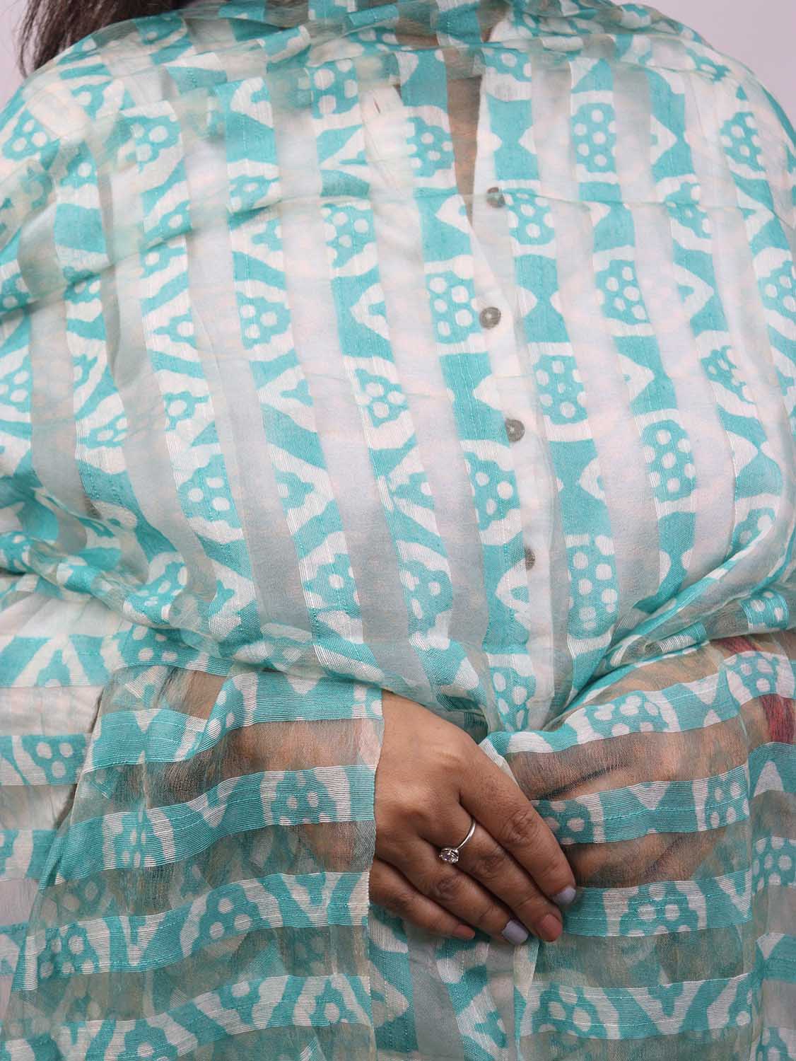 Green And Blue Block Printed Batik Bhagalpur Net Stripe Design Dupatta - Luxurion World