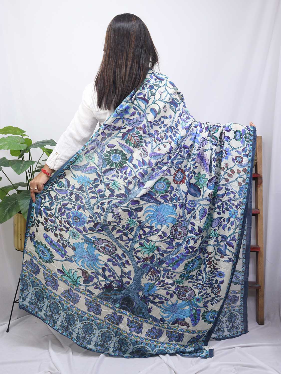 Blue And White Block Printed Mul Satin Silk Dupatta - Luxurion World