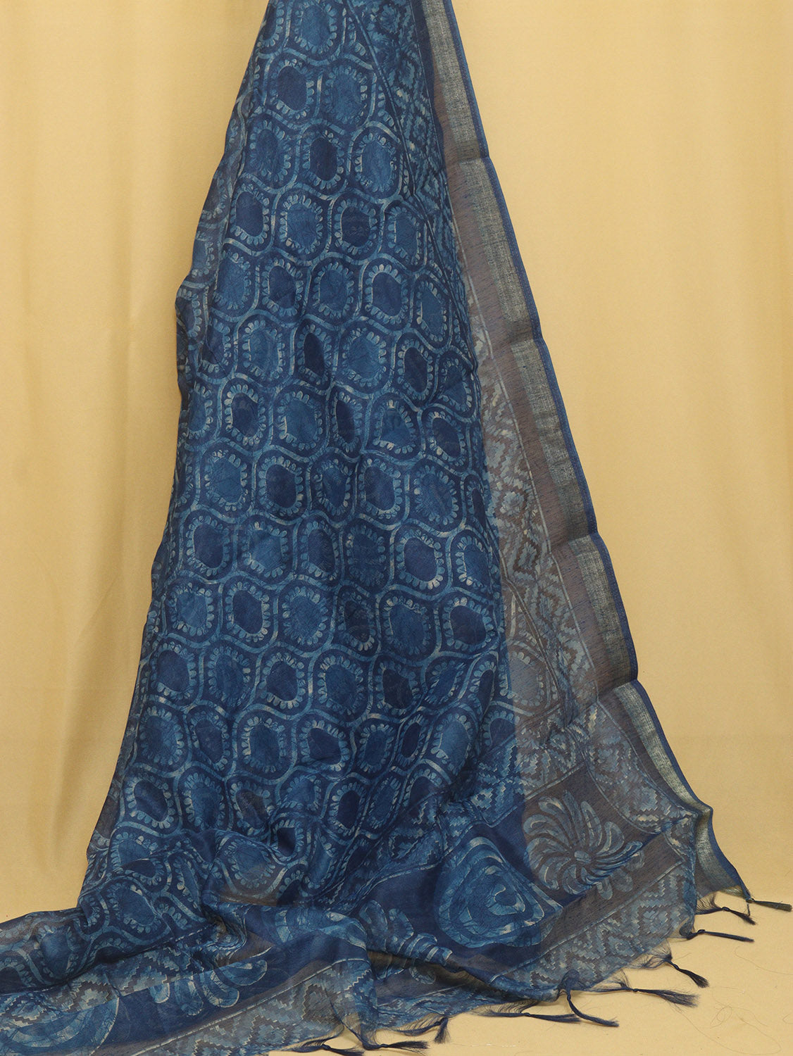 Block Printed Blue Chanderi Silk Dupatta - Stylish Accessory - Luxurion World