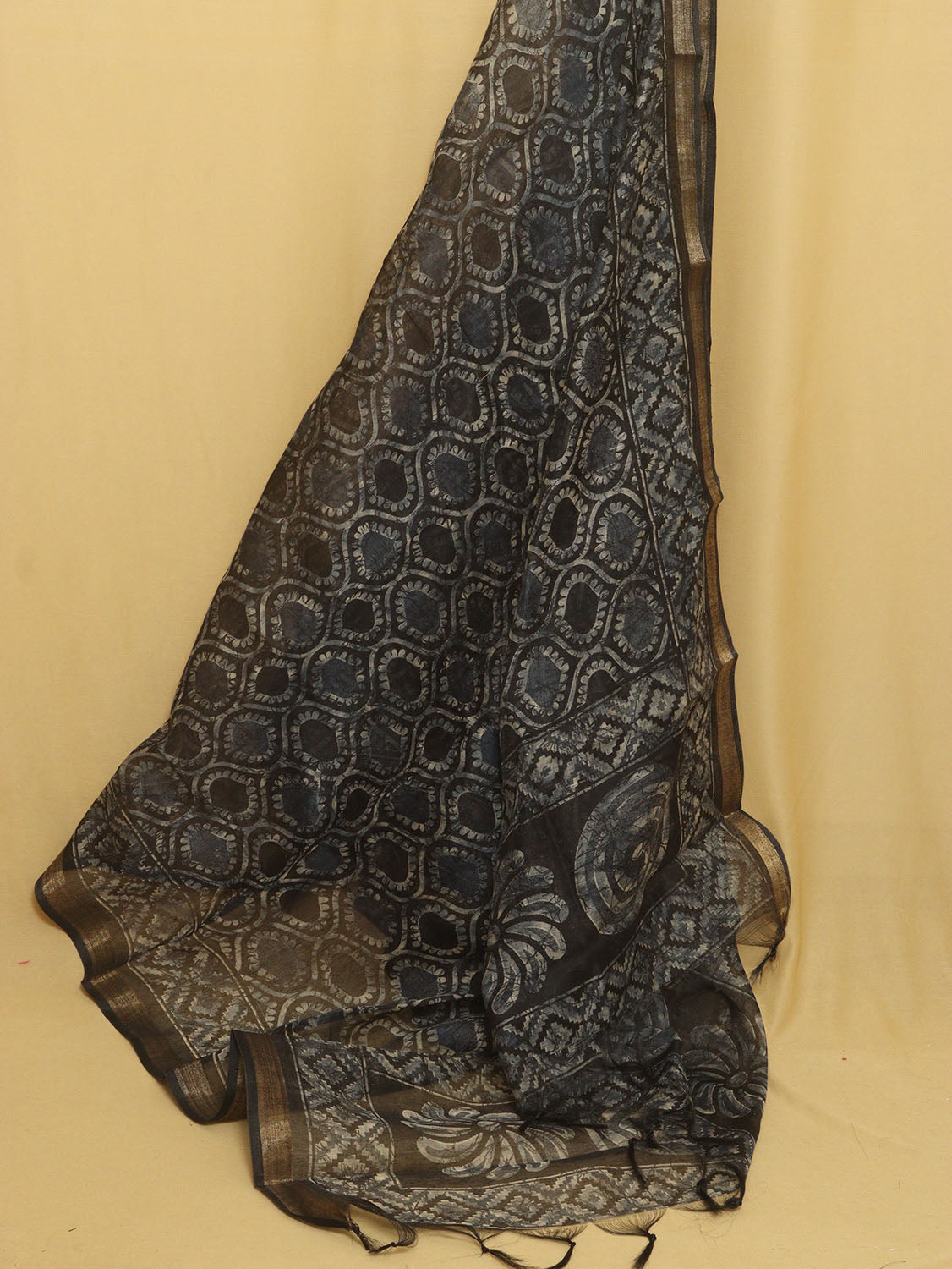 Stylish Black Chanderi Silk Dupatta with Block Print Design - Luxurion World