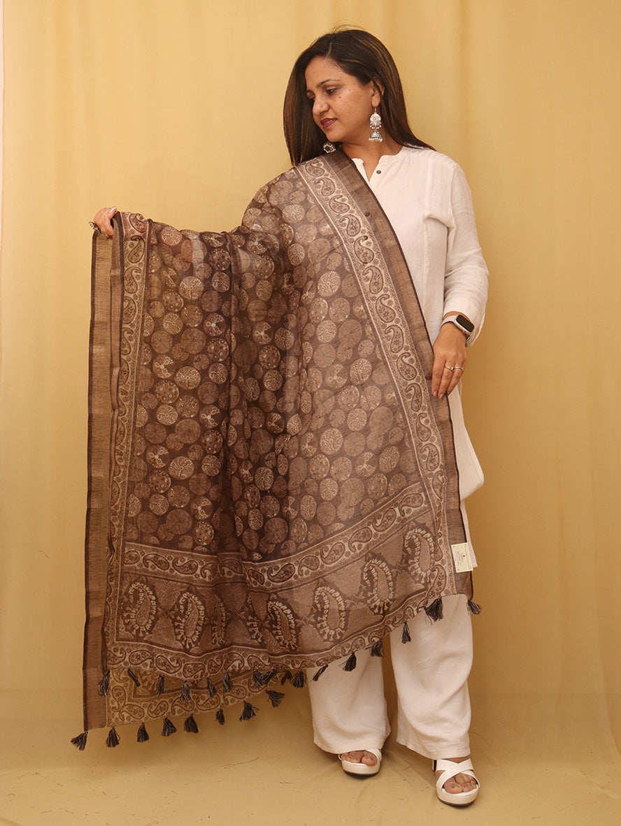 Brown Block Printed Chanderi Silk Dupatta - Luxurion World