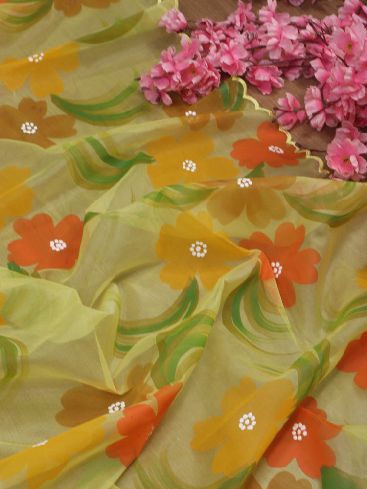 Yellow Hand Painted Organza Silk Scalloped Border Dupatta - Luxurion World