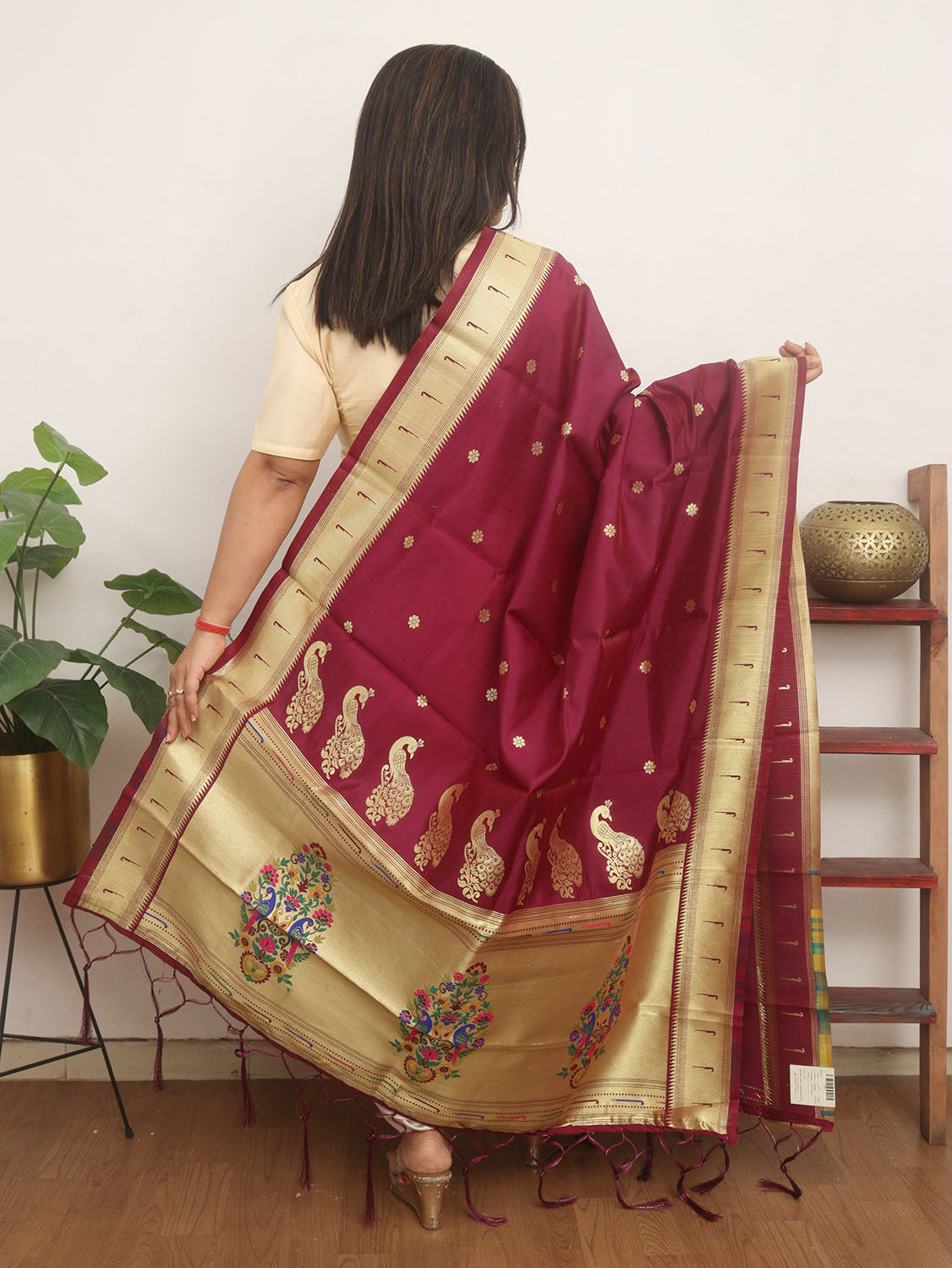 Maroon Paithani Silk Peacock Design Dupatta - Luxurion World