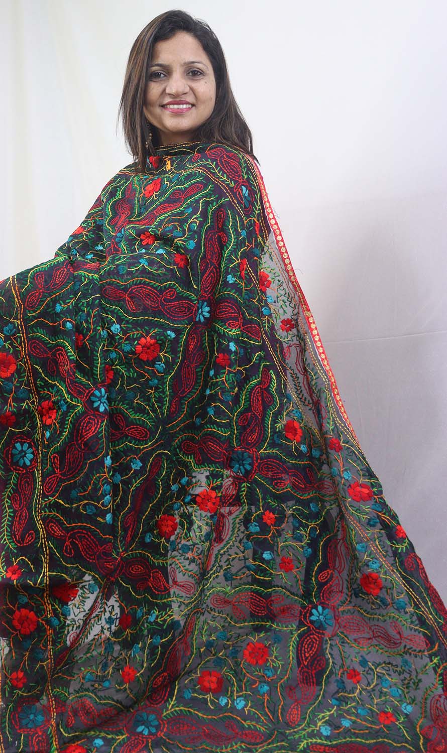Stunning Multicolor Phulkari Chanderi Silk Dupatta with Intricate Embroidery - Luxurion World