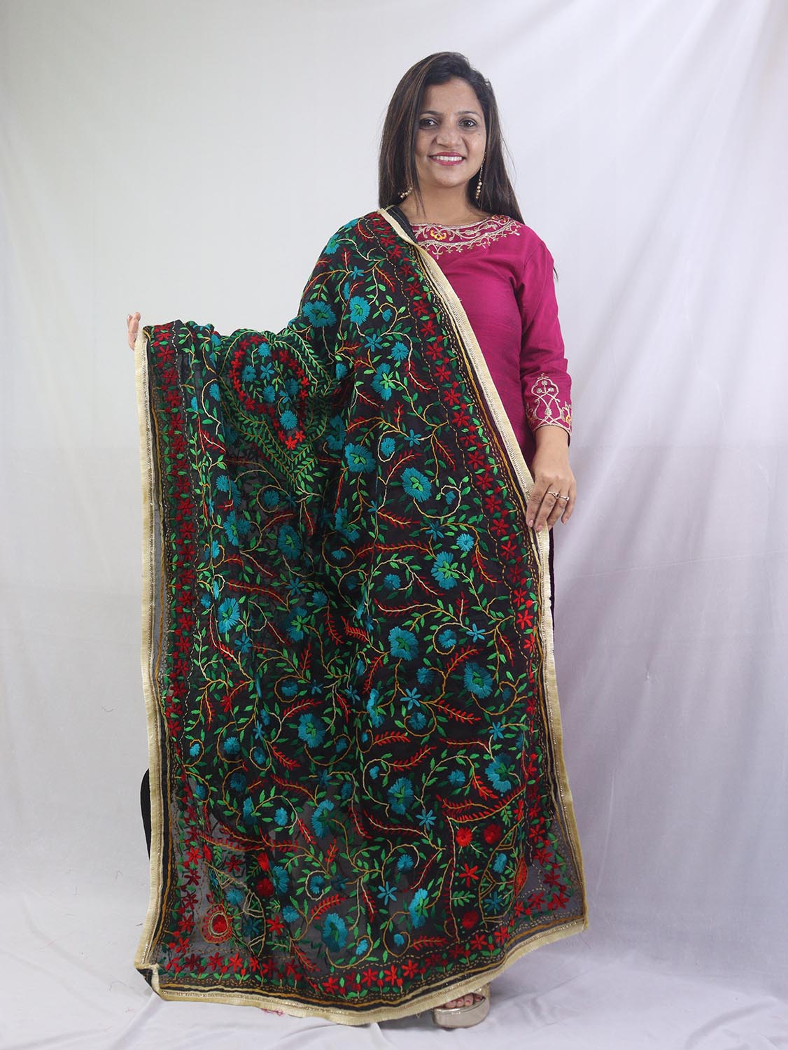 Stunning Multicolor Embroidered Phulkari Chanderi Silk Dupatta - Luxurion World