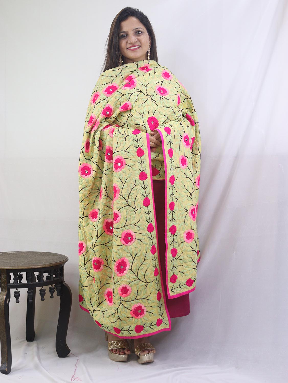 Stunning Yellow Phulkari Chanderi Silk Dupatta with Hand Embroidery - Luxurion World