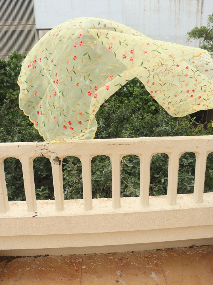 Yellow Embroidered Trendy Organza Dupatta With Scalloped Border - Luxurion World