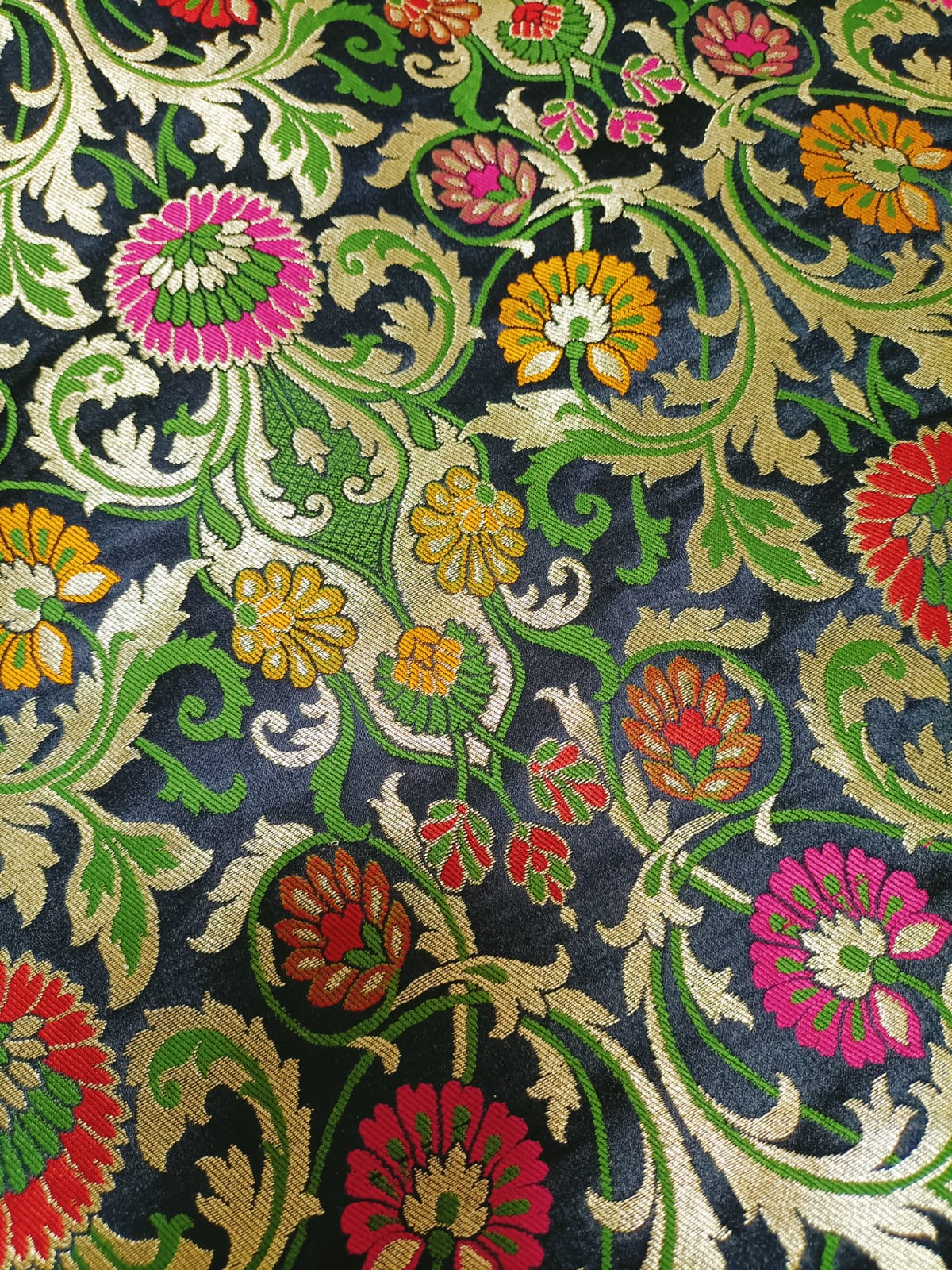 Black Banarasi Kimkhwab Silk Meenakari Fabric ( 1 Mtr ) - Luxurion World