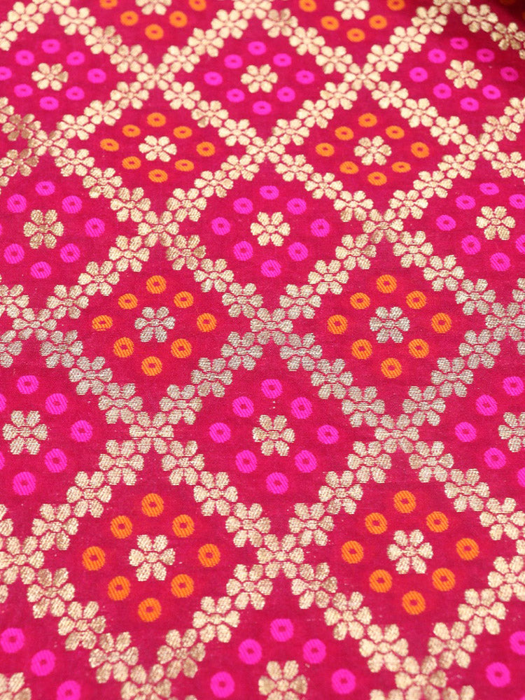 Pink Banarasi Meenakari Bandhani Design Silk Fabric ( 1 Mtr ) - Luxurion World