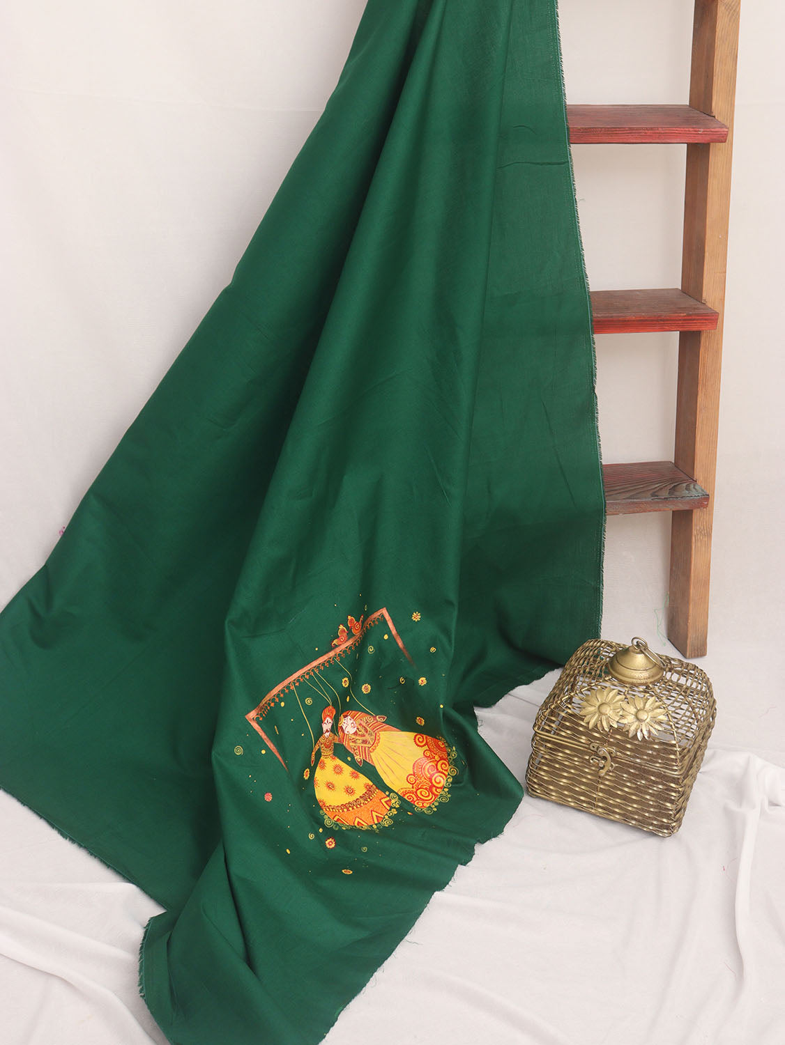 Green Hand Painted Cotton Satin Blouse Fabric ( 1 Mtr ) - Luxurion World