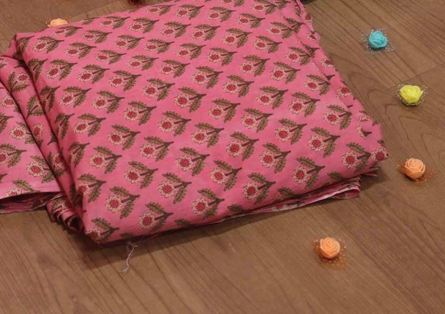 Pink Block Printed Cotton Fabric (1 Mtr) - Luxurion World