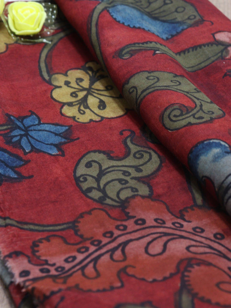 Red Pen Kalamkari Pure Silk Fabric ( 1 Mtr ) - Luxurion World