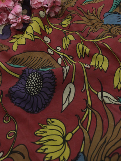 Red Hand Painted Kalamkari Pure Silk Fabric ( 1 Mtr ) - Luxurion World