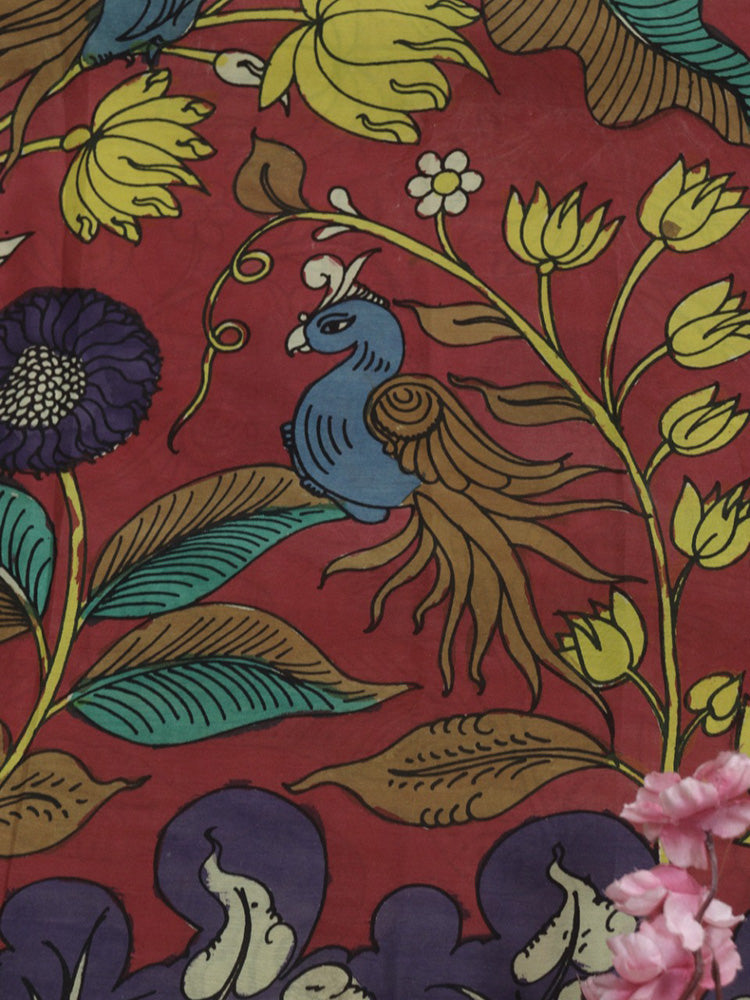 Red Hand Painted Kalamkari Pure Silk Fabric ( 1 Mtr ) - Luxurion World